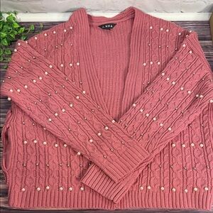 J. NNA Women's Salmon Pink Pearl Cardigan with Pockets Chunky Knit Oversized Y2K